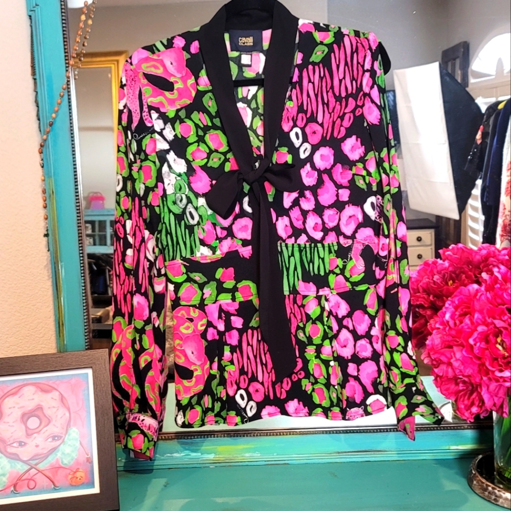 Roberto Cavalli Vintage Silk Pink Floral Blouse Size 36 0/2